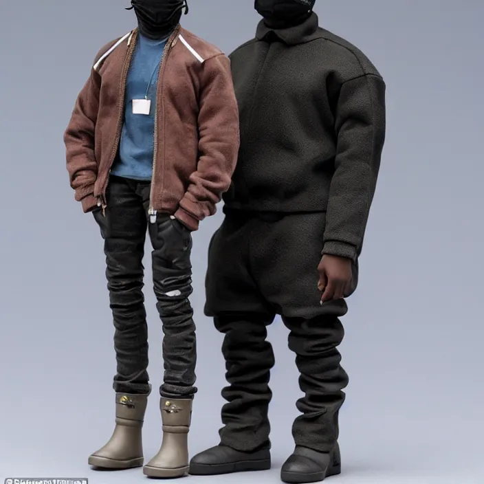 Prompt: kanye west, a hot toys figure of kanye west using a black face - covering mask with small holes, a blue overinflated puffer jacket and black rubber boots, figurine, detailed product photo