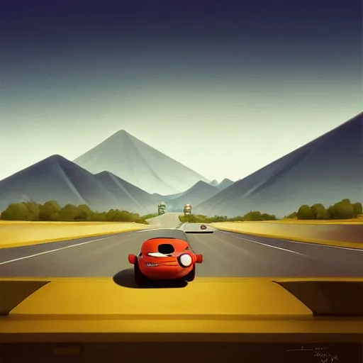 Image similar to goro fujita ilustration car on the highway, in the distance you can see the mountains, painting by goro fujita, sharp focus, highly detailed, artstation