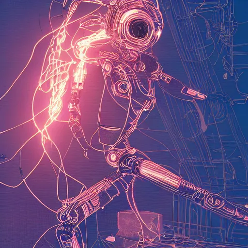 Image similar to a beautiful body of a bot fighter pilot woman mostly made of wires and electronic lightning sparks smoke, an ultrafine detailed illustration by james jean, final fantasy, intricate linework, bright colors, behance contest winner, vanitas, angular, altermodern, unreal engine 5 highly rendered, global illumination, radiant light, detailed and intricate environment