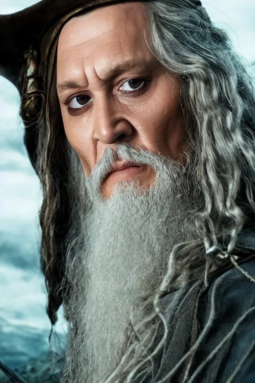 Image similar to film still of johnny depp as gandalf in lord of the rings movie, glamour pose, dramatic lighting, octane, volumetric lighting, 8 k