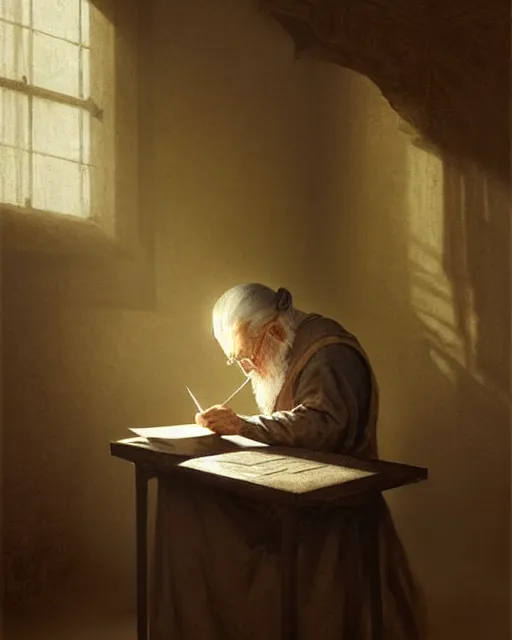 Prompt: old scribe writing a letter in a small dusty room | | realistic shaded, fine details, realistic shaded lighting poster by greg rutkowski, magali villeneuve, artgerm, jeremy lipkin and michael garmash and rob rey