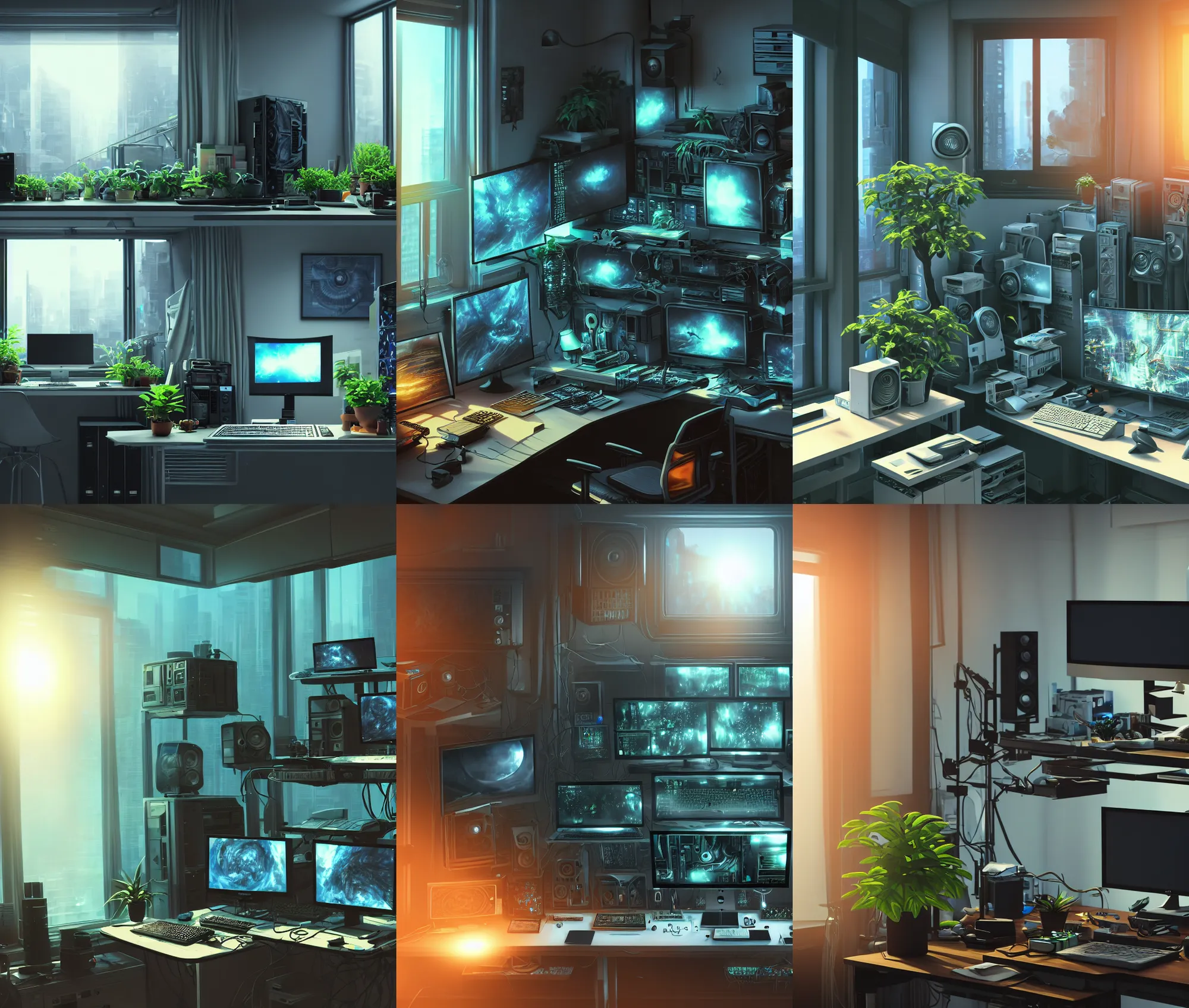 Image similar to detailed scifi artstation scene of a complex computer workstation in a small studio apartment room, a potted plant, many monitors, many electronics, a window view, maximalism, ambient occlusion, volumetric light, sunny amber morning light, soft sun beam, atmospheric haze, unreal engine, hyperrealism, realistic shading, blender render, photorealistic, wide shot