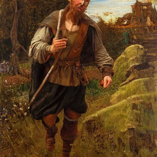 Image similar to a stumbling and falling medieval man as a oilpainting by Sophie anderson