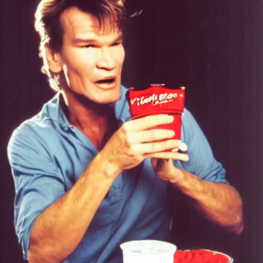 Prompt: patrick swayze eating! a cola cube, high quality photograph,