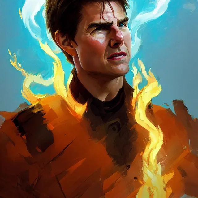 Image similar to Tom Cruise as a firebender, portrait, elegant, intricate, digital painting, artstation, concept art, smooth, sharp focus, illustration, art by konstantin korovin and Daniel F. Gerhartz and john howe