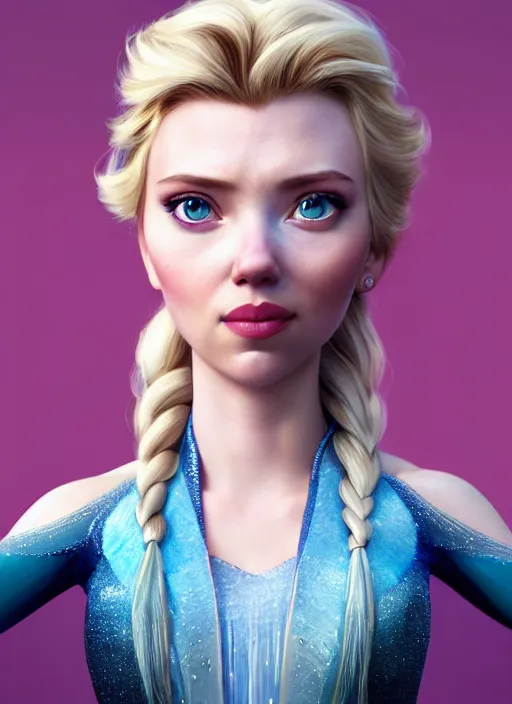 Prompt: Elsa from frozen portrait of Scarlett Johansson, au naturel, hyper detailed, digital art, trending in artstation, cinematic lighting, studio quality, smooth render, unreal engine 5 rendered, octane rendered, art style by klimt and nixeu and ian sprigger and wlop and krenz cushart