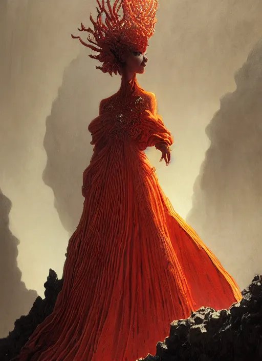 Image similar to Girl at a fashion show in hell, model a magnificent McQueen couture bright clothes, fashion style, horror, fire, lava, intricate, elegant, highly detailed, artstation, concept art, smooth, sharp focus, illustration, art by and greg rutkowski and orientalism and bouguereau and Zdzislaw Beksinski