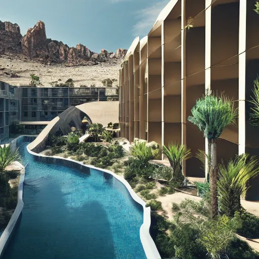 Prompt: brutalism style concept hotel in the desert, biophilia mood, pool, garden, highly detailed, cinematic, photorealistic,