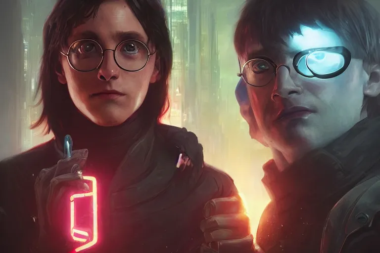 Image similar to portrait of cyborg Harry Potter in cyberpunk, neon lighting, digital art from artstation by Ruan Jia and Mandy Jurgens and Artgerm and william-adolphe bouguereau and Greg Rutkowski and Wayne Barlowe