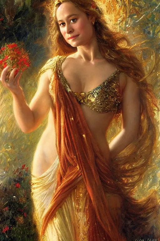 Prompt: portrait of brie larson as the goddess aphrodite. art by gaston bussiere.