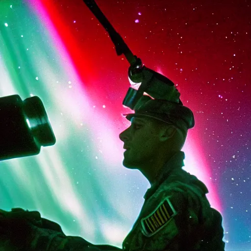 Prompt: a high quality color extreme closeup film 3 5 mm depth of field photograph of a us soldier's face as he frantically iss pouring a can of gasoline along the perimeter of homes in mcmurdoch station in antarctica in 1 9 8 2 with the aurora borealis in the sky at night