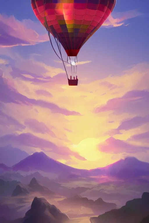 Prompt: sunrise mountain water hot air balloon digital art by amiyakinyu trending on artstation