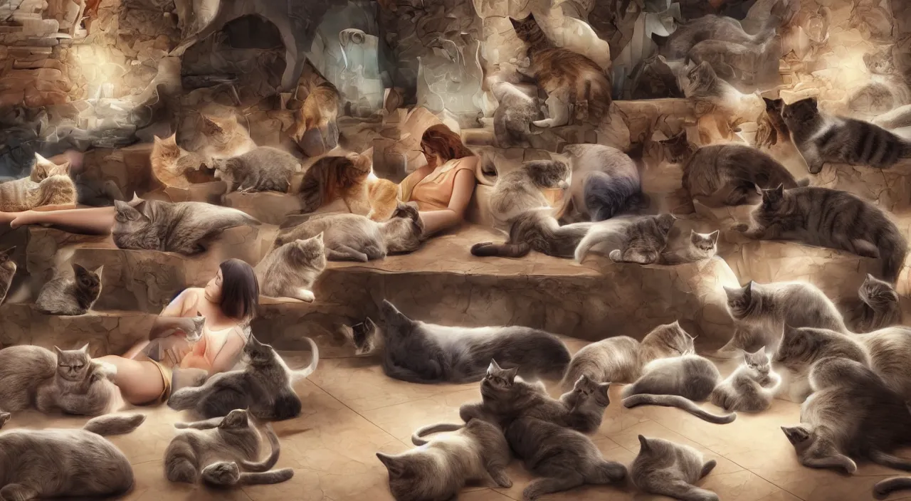 Image similar to a matte painting of a cat lady laying on a floor surrounded by 20 cats by Frank Lloyd Wright and Zaha Hadid torch volume light stylized illustration digital airbrush painting, 3d rim light, hyperrealistic masterpiece, artstation, cgsociety, kodakchrome, golden ratio
