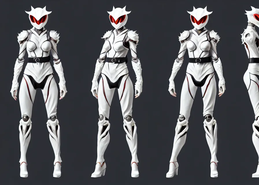 Image similar to female kamen rider character concept art sprite sheet of abstract white tiger concept, big belt, wing, human structure, concept art, hero action pose, human anatomy, intricate detail, hyperrealistic art and illustration by irakli nadar and alexandre ferra, unreal 5 engine highlly render, global illumination