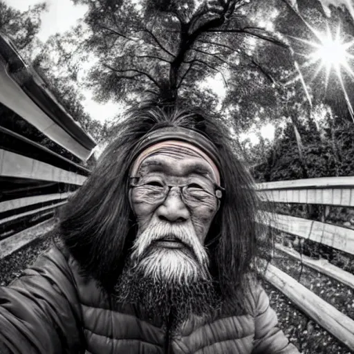 Prompt: Fisheye selfie of an old japanese man with long beard