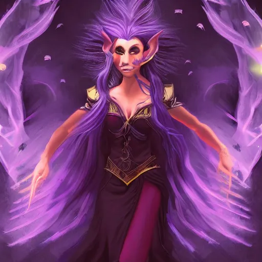 Prompt: high quality fantasy painting of a half-elf sorceress, she has purple hair, 35 years old, magical chaotic lights dance around her, dark and ominous background