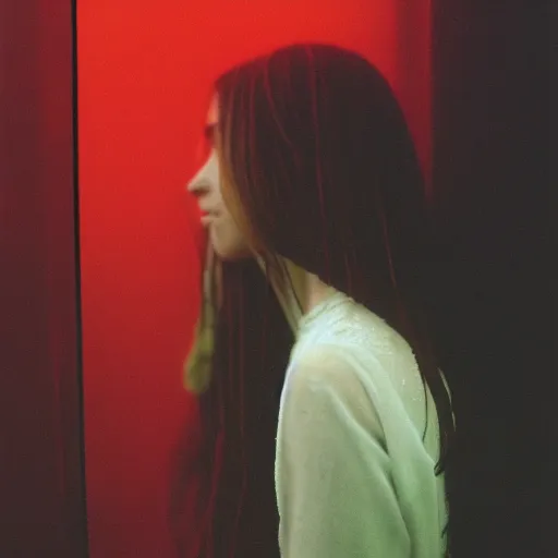 Prompt: Portrait of woman with wet hair peeks out from behind semi-translucent red glass, Cinestill 800T
