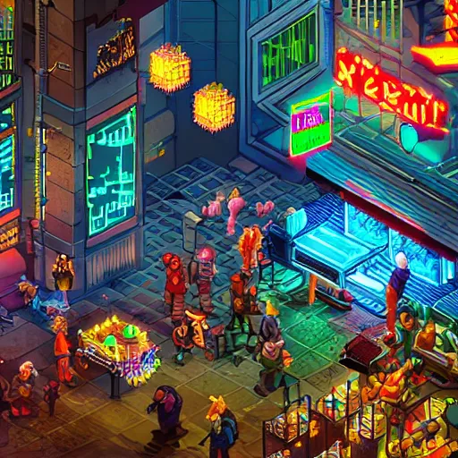 Image similar to fantastic lighting, pixel art, high detail , 16 bits, cyberpunk market, 2d