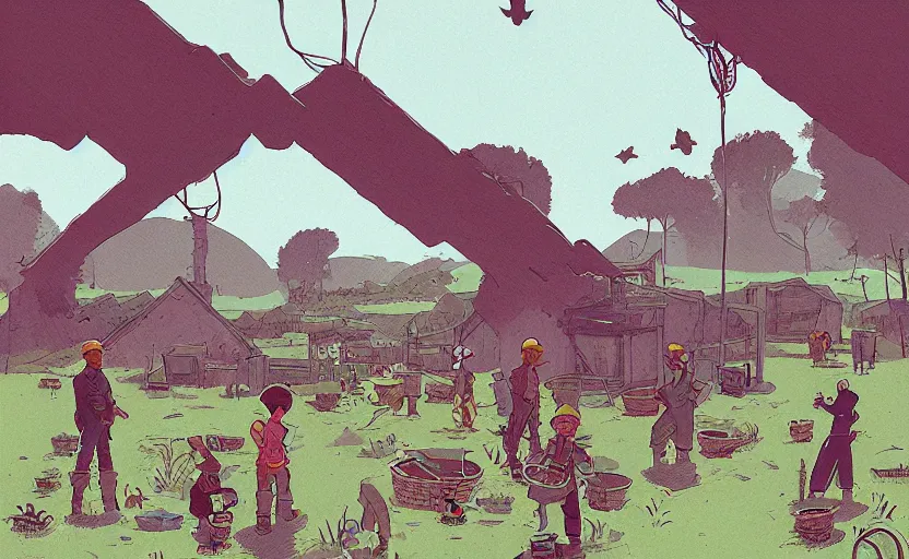 Prompt: people farming on a farm, small village, moebius, james gilleard, print, game art, storybook