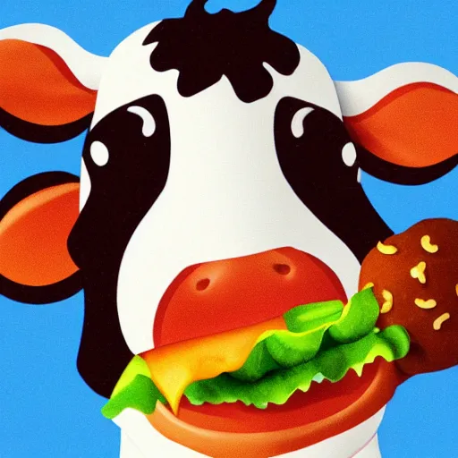 Image similar to a happy cow eating a cheeseburger, high art