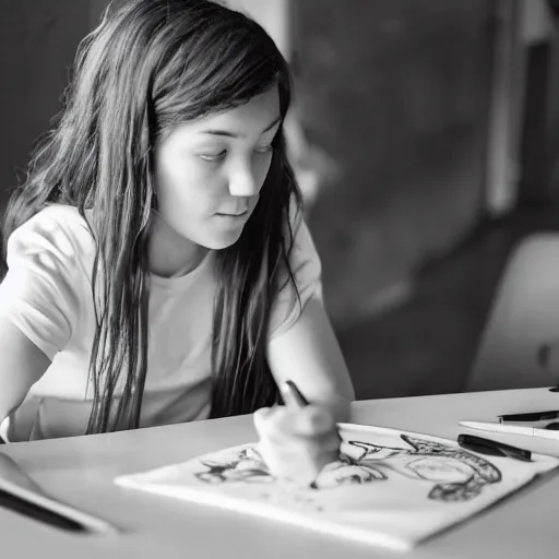 Prompt: portrait of a 10 year old girl sitting at table while drawing a picture, 35 mm, Photo