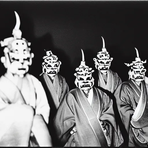 Prompt: A photograph of Japanese oni demons at the conference, 35mm film grain, intricate, high contrast, studio lighting, fantasy