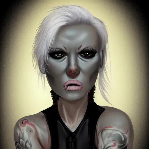 Image similar to Hot young woman, winking, grey skinned, void eyeballs, white hair, tattoos, wearing leather, concept art, 4k,