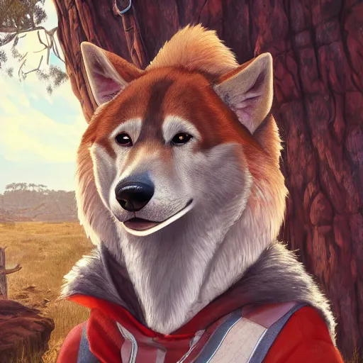 Image similar to stylized three quarters portrait concept art of the anthro anthropomorphic dingo dog head animal person fursona wearing clothes adventurer standing in australia outback, hidari, color page, tankoban, 4 k, tone mapping, akihiko yoshida, clean bright happy