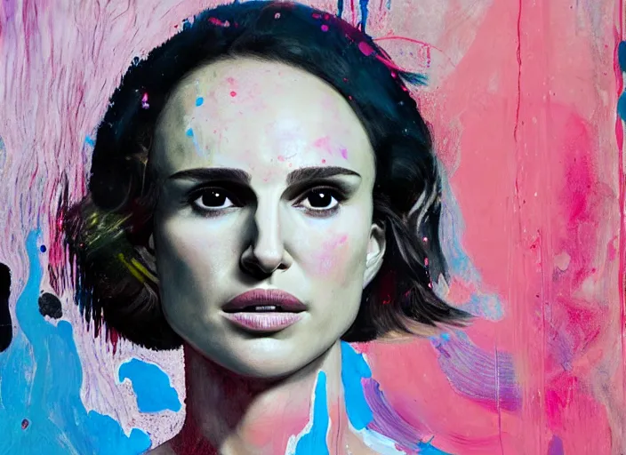 Image similar to portrait of natalie portman, by vincent lefevre and hernan bas and pat steir and hilma af klint, psychological, photorealistic, dripping paint, washy brush, rendered in octane, altermodern, masterpiece