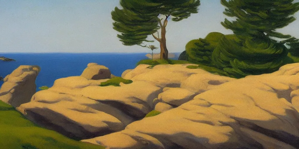 Prompt: a beautiful landscape painting of a rocky outcrop on the coast with a tree next to a house, by edward hopper, oil on canvas, highly detailed, hd, 4 k