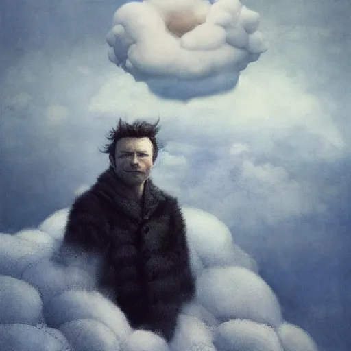 Prompt: Portrait Portrait of the Nimbus Cloud King emerging from poofy marshmallow coat whilst standing atop a cloud-covered mountain peak paul klee andrew wyeth edawrd hopper tom bagshaw stanton feng bastien lecouffe-deharme tombow oil painting
