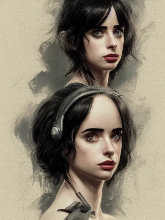 Image similar to portrait pencil sketch of a beautiful young krysten ritter as a fallout 4 character, art by ryo shiotani and greg rutkowski, intricate, rule of thirds, beautiful, cute, cinematic lighting, vintage art by serge ivanoff, drawing by adonna khare