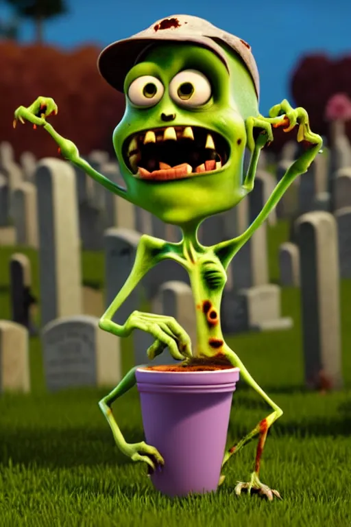 Image similar to a funny zombie character like plants vs zombies with big eyes holding a cup of coffee on a cemetery at night. pixar disney 4 k 3 d render movie oscar winning trending on artstation and behance. ratatouille style.