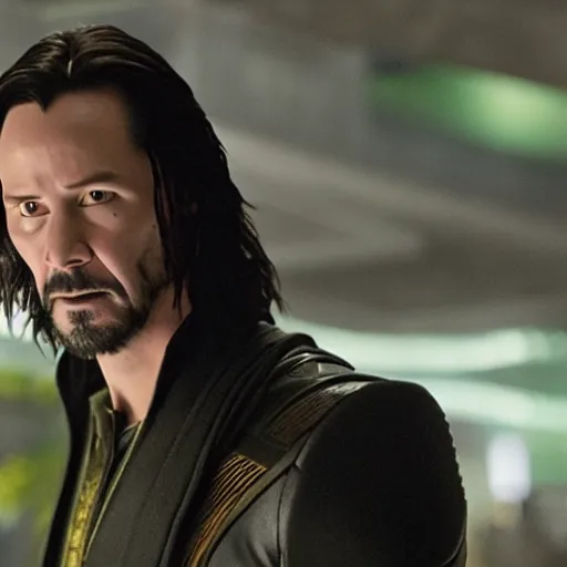 Image similar to film still of Keanu Reeves as Loki in Avengers Endgame