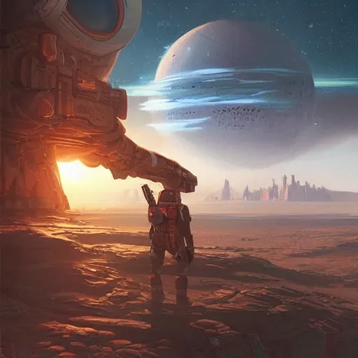 Prompt: space soldier on mars with space city is seen in the background, with surrounding floating islands, a highly detailed, digital painting, artstation, concept art, matte, sharp focus, illustration, art by artgerm and greg rutkowski