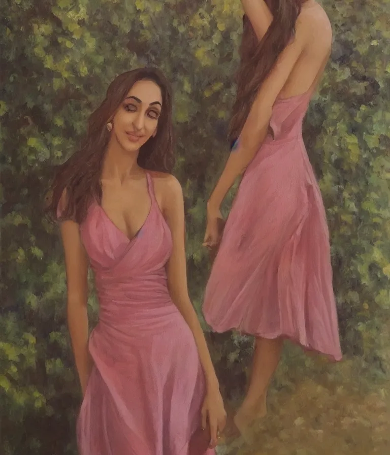 Image similar to Kiara Advani in V-neck minidress. history painting, dusk, flowy dress, artstation, oil on canvas, by Albert Aublet, Private Collection