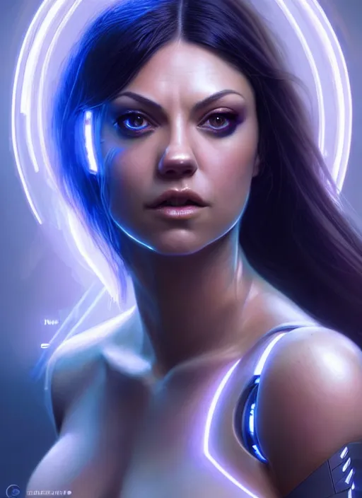 Image similar to portrait of female cyborg as cortana, mila kunis, intricate, elegant, glowing lights, highly detailed, digital painting, artstation, glamor pose, concept art, smooth, sharp focus, illustration, art by artgerm and greg rutkowski, artey freytag