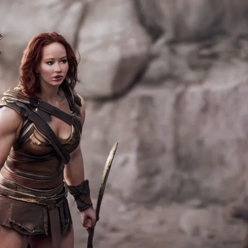 Image similar to first photos of 2 0 2 4 female conan remake - muscular jennifer lawrence as conan, put on 1 0 0 pounds of muscle, looks different, steroids, hgh, ( eos 5 ds r, iso 1 0 0, f / 8, 1 / 1 2 5, 8 4 mm, postprocessed, crisp face, facial features )