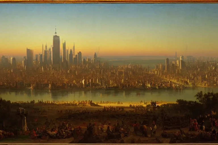 Image similar to downtown new york city, 1 8 0 0 s, rule of thirds, matte painting, highly detailed, cinematic lighting, by albert bierstadt, frederic edwin church