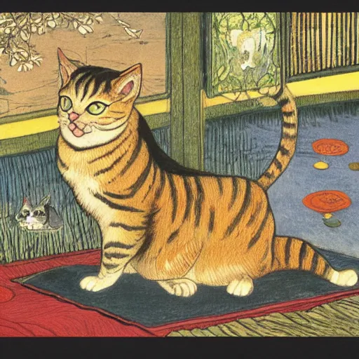 Prompt: cat full body by susan herbert and hiroshige ii and theophile steinlen and min zhen and pierre bonnard and louis wain and arthur rackham, 8 k, artstation