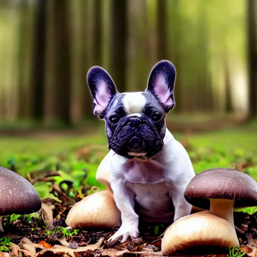 Image similar to french bulldog wearing round goggles sitting on a mushroom in a forest, hyper realistic, HD, HQ, photo realistic