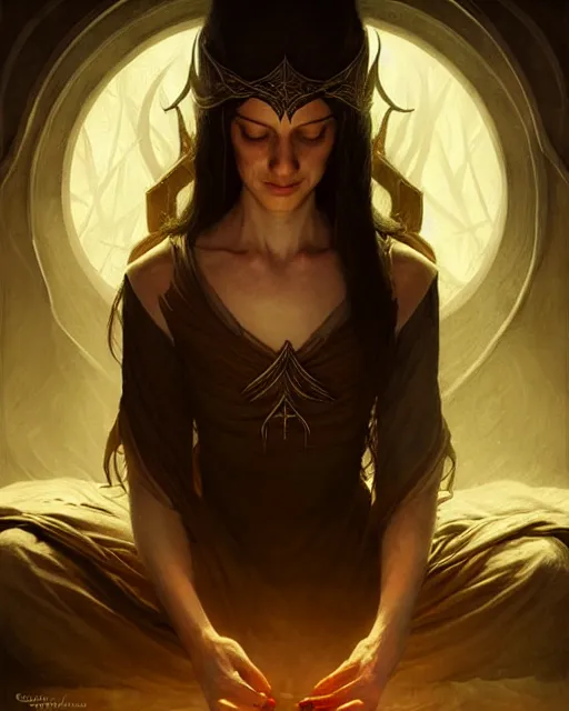 Image similar to a female elvish wizard in a dark room, meditating, levitating above her bed | | realistic shaded, fine details, realistic shaded lighting poster by greg rutkowski, magali villeneuve, artgerm, jeremy lipkin and michael garmash and rob rey