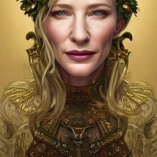 Image similar to Portrait of cate blanchett wearing a floral crown, olive skin, long dark hair, beautiful bone structure, shiny gold background, intricate, elegant, highly detailed, digital painting, artstation, concept art, smooth, sharp focus, illustration, art by artgerm and greg rutkowski and alphonse mucha