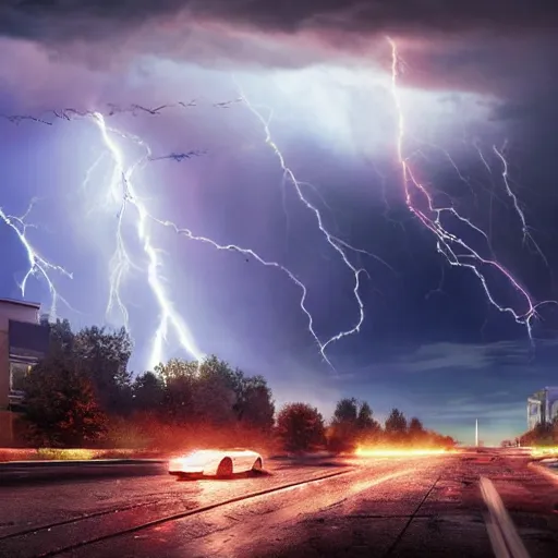 Prompt: SUNNY DAY multicoloured lightning bolts shoot through the sky, debris flying around. Photo-realistic UHDR, hyperrealism, very detailed, cinematic