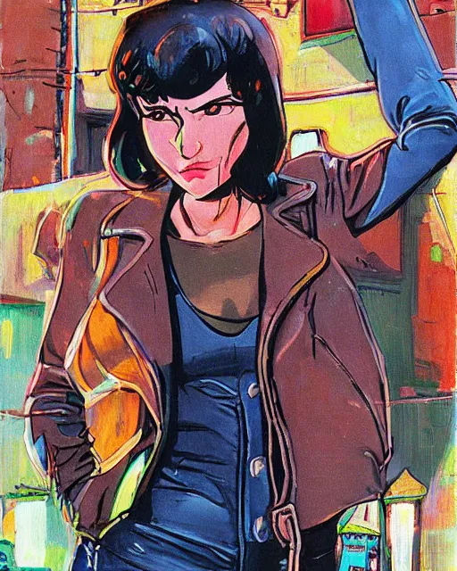 Image similar to young female protagonist in leather jacket, city street, artwork by ralph bakshi