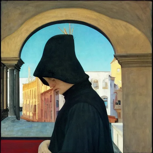 Image similar to a woman in a medieval city, a lots of crows, hyperrealistic film still by edward hopper, by gottfried helnwein, by klimt, by paolo uccello, art nouveau, highly detailed, strong lights, liminal, eerie, symbolist, bright pastel colors