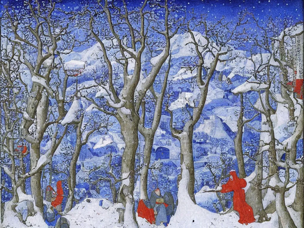 Image similar to winter scene with dragon. painting by limbourg brothers