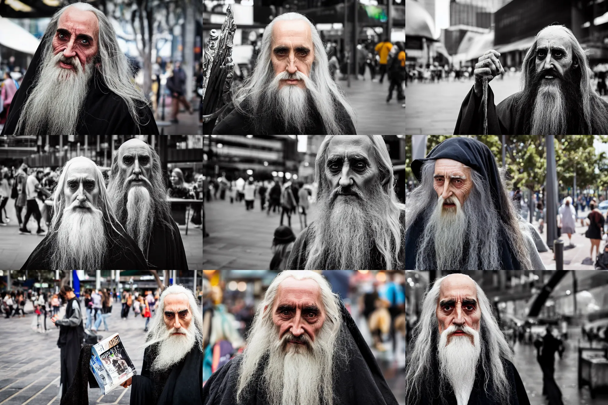 Prompt: Saruman from Lord of the Rings the homeless wizard selling magazines at Federation Square in Melbourne, portrait photography, depth of field, bokeh