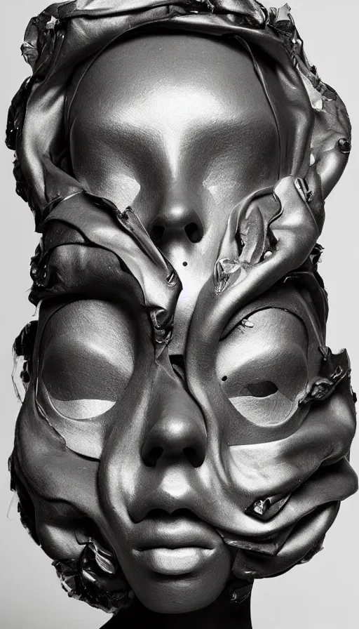 Prompt: a woman with a plastic mask on her face, a surrealist sculpture by alexander mcqueen, trending on pinterest, plasticien, biomorphic, made of plastic