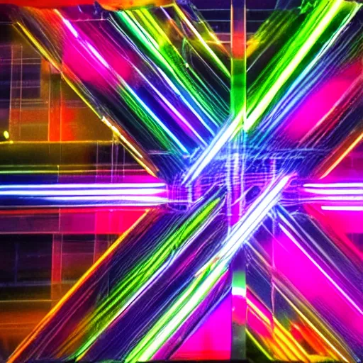 Image similar to a hypercube made of high - contrast dark polished metal brushstrokes of neon light - trails and dichroic paintings